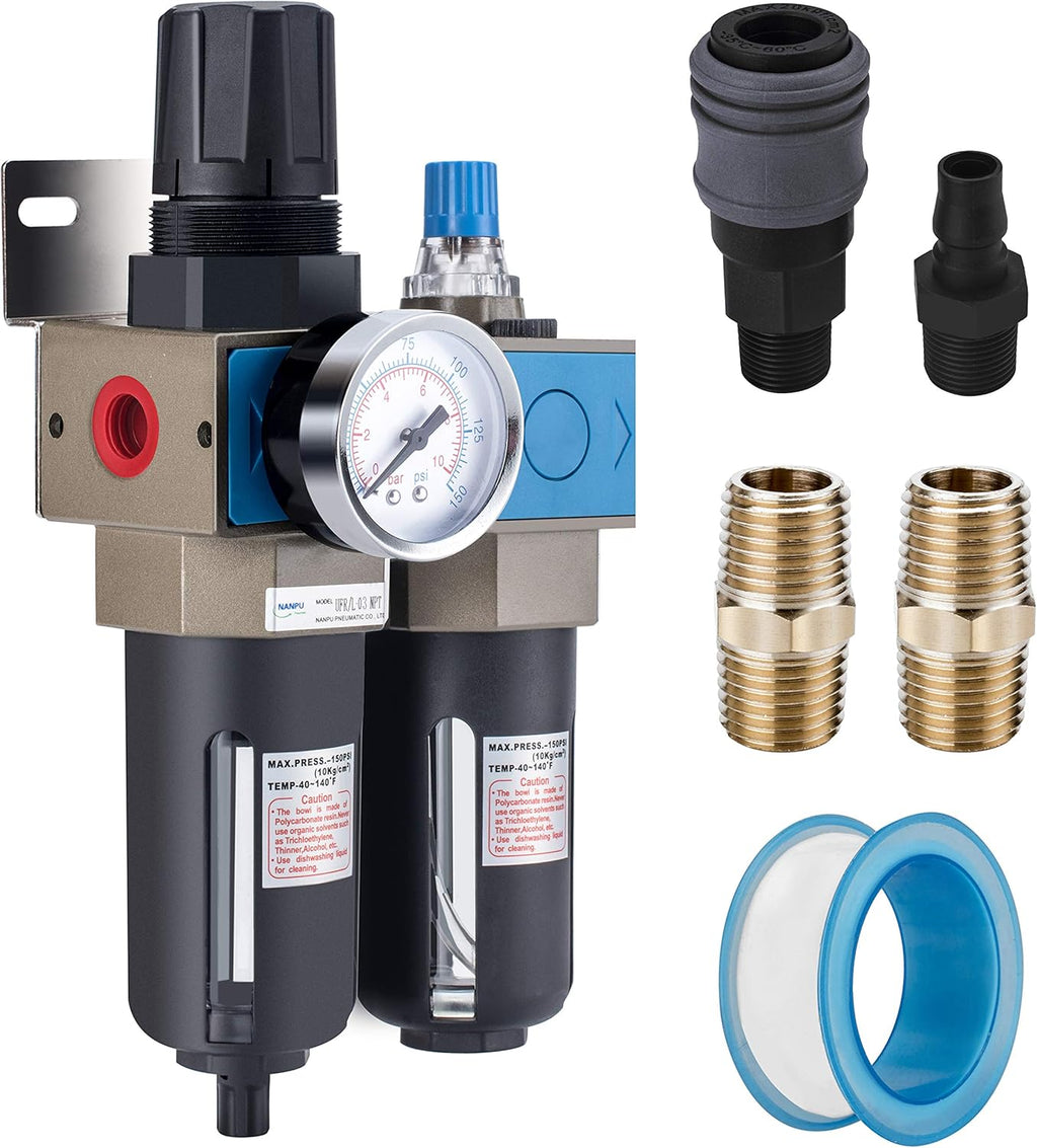 1/4 NPT Compressed Air Filter Regulator Lubricator, 5 Micron, 0-150 psi K5612