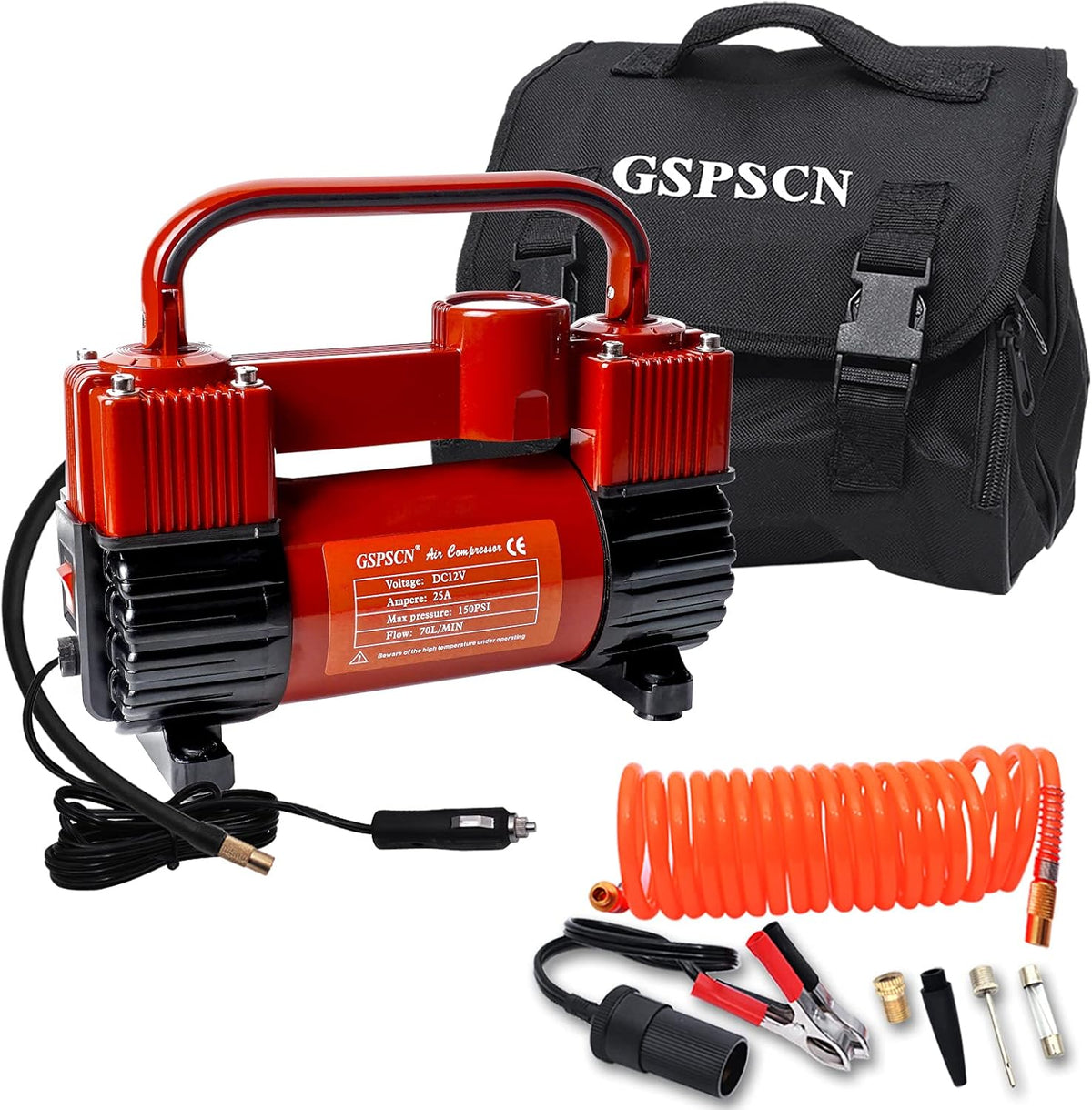 Silver Tire Inflator Heavy Duty Double Cylinders Portable Bag Metal 12V Air Compressor Pump 150PSI with Adapter T75463