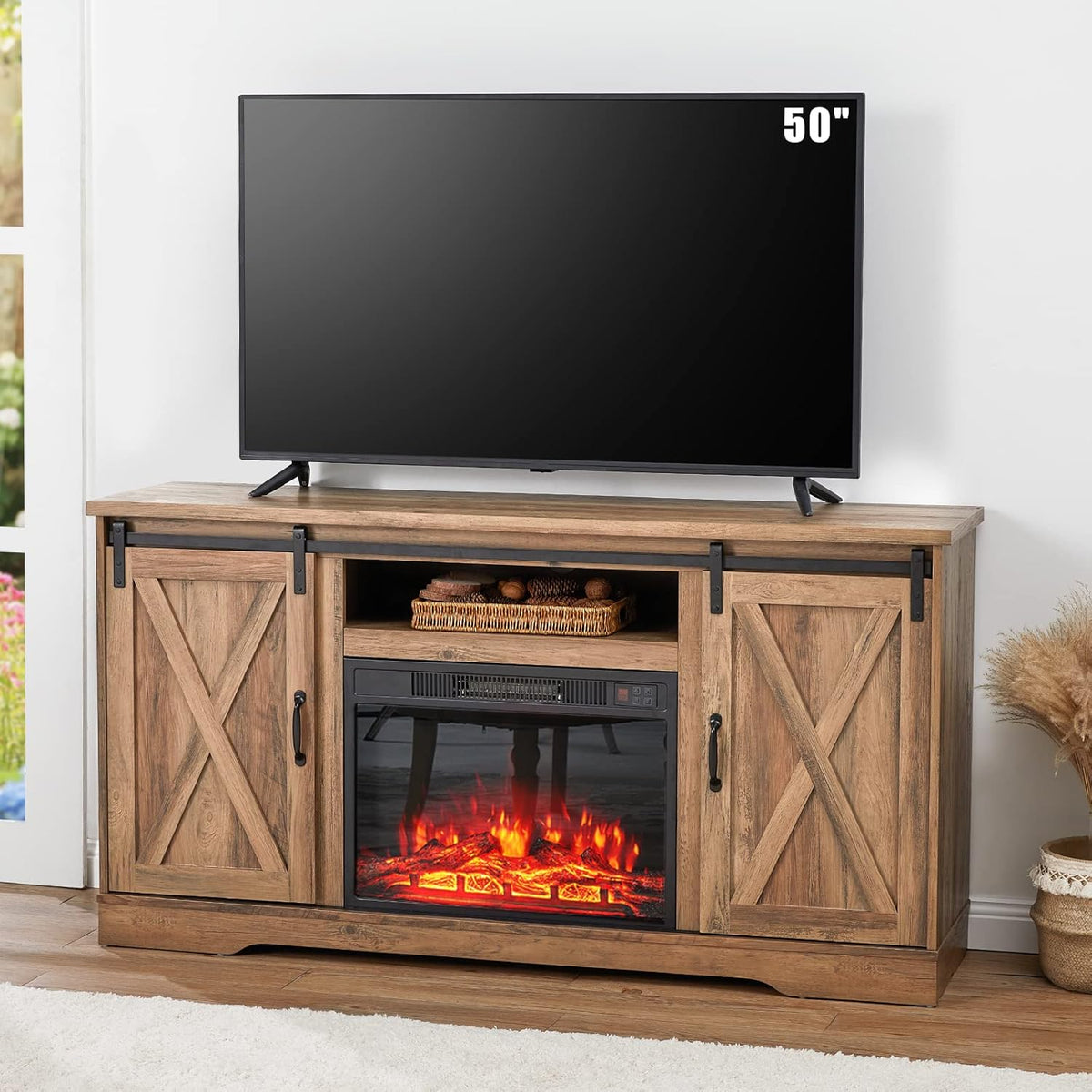 White Wood Fireplace TV Stand with 23'' Electric Fireplace Insert I237055
