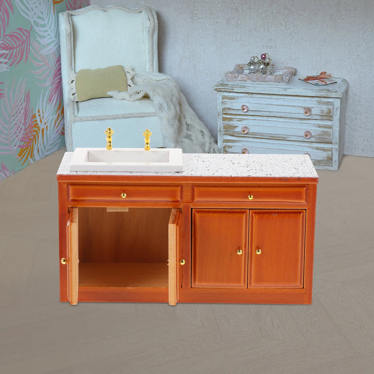 Vintage Mini Wood Dollhouse Sink Furniture Decor P5267
