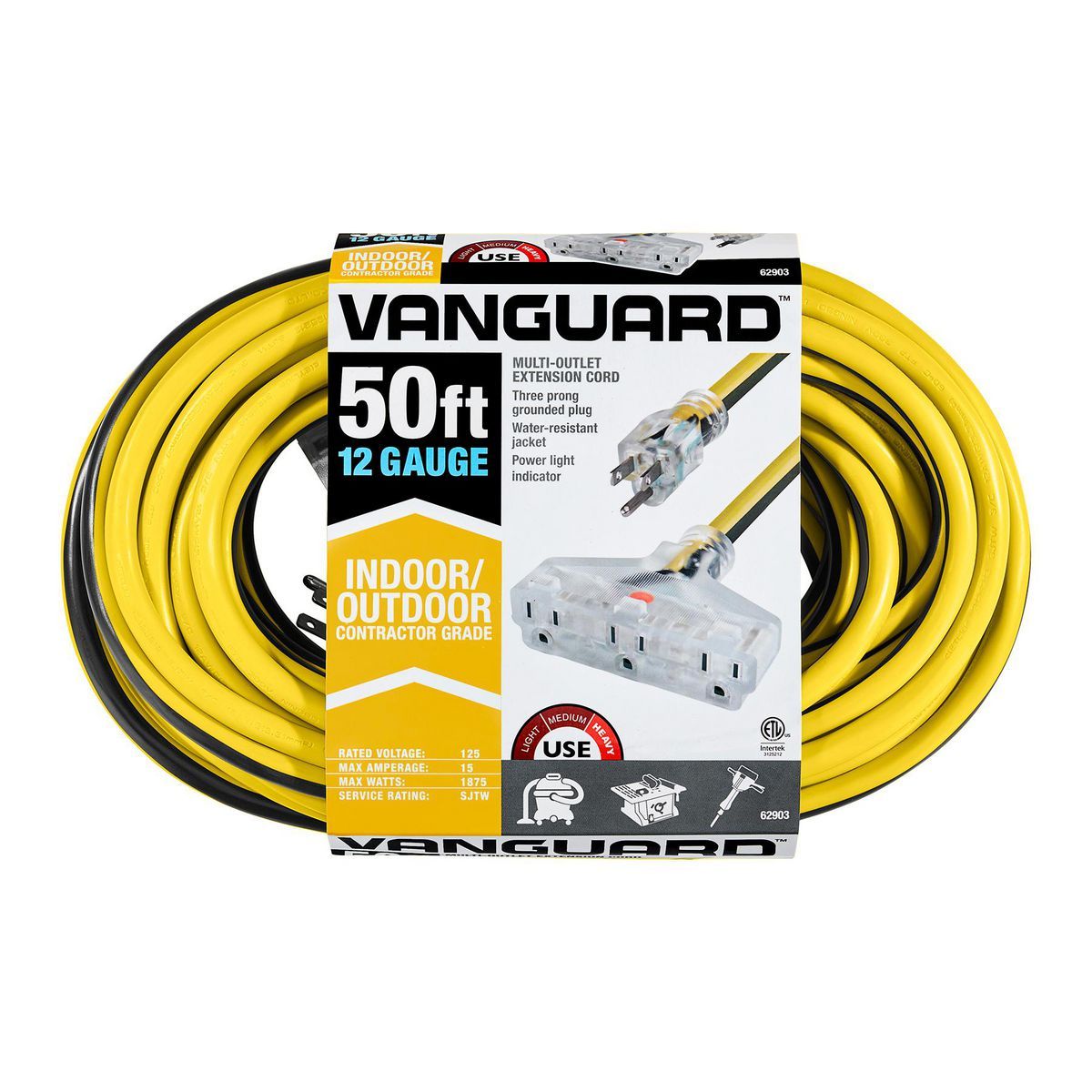 50 ft. 12/3 Gauge Multiple Outlet Extension Cord with Indicator Light, Yellow, Black J380485