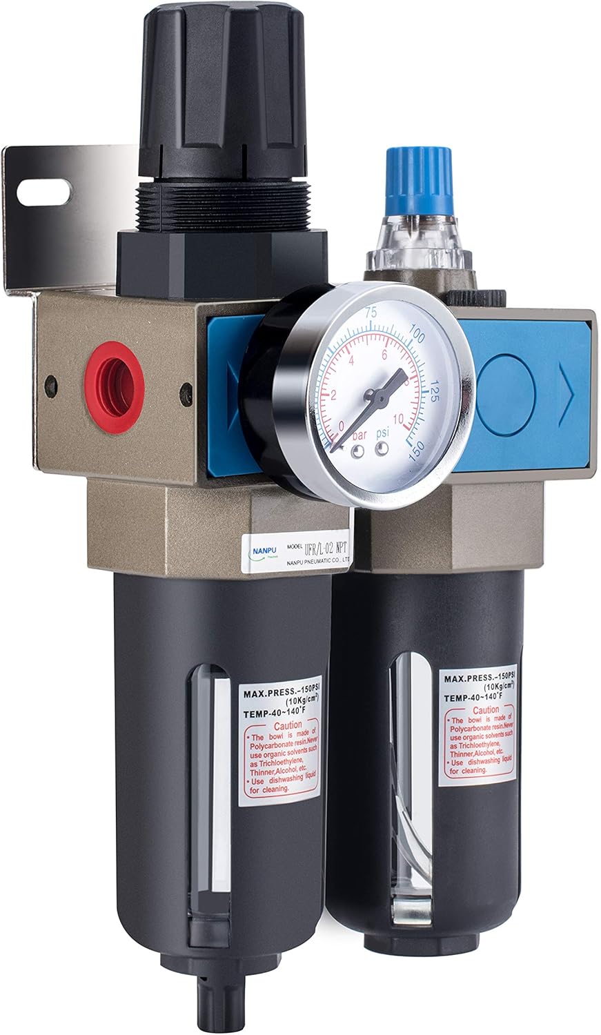 1/4 NPT Compressed Air Filter Regulator Lubricator, 5 Micron, 0-150 psi K5612