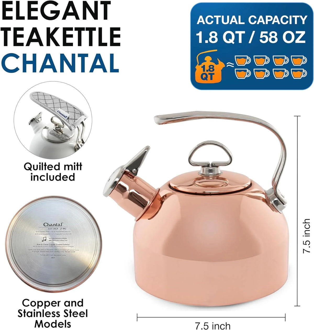 1.8 QT Food Grade Pure Copper Teakettle I64093