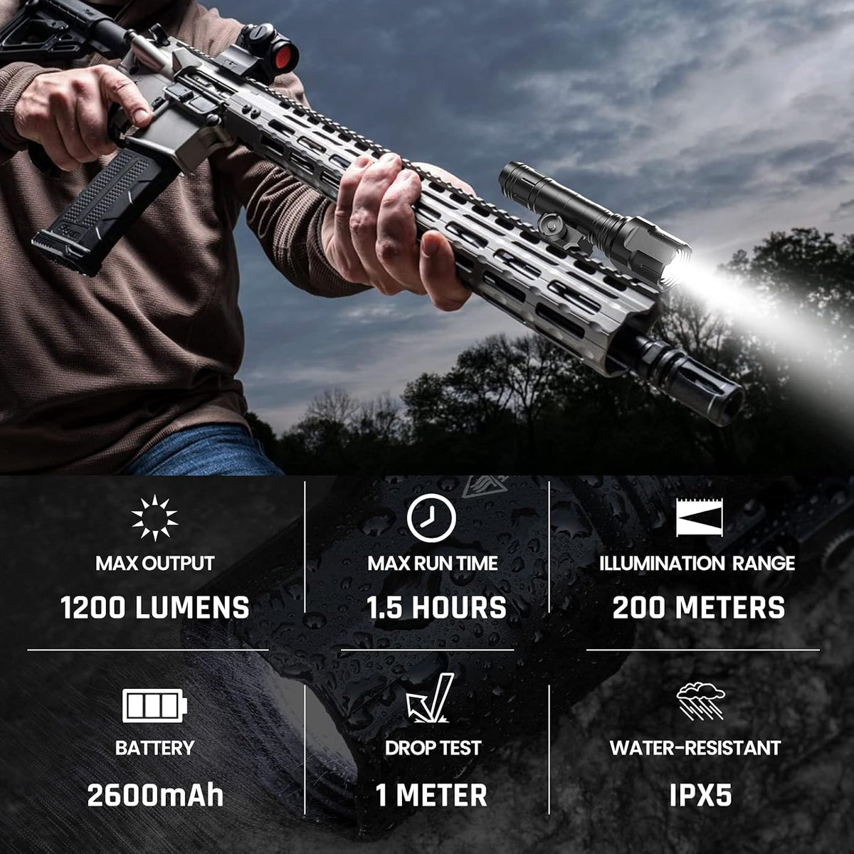 Tactical Flashlight 1200 Lumen LED Weapon Light with Pressure Switch S26582