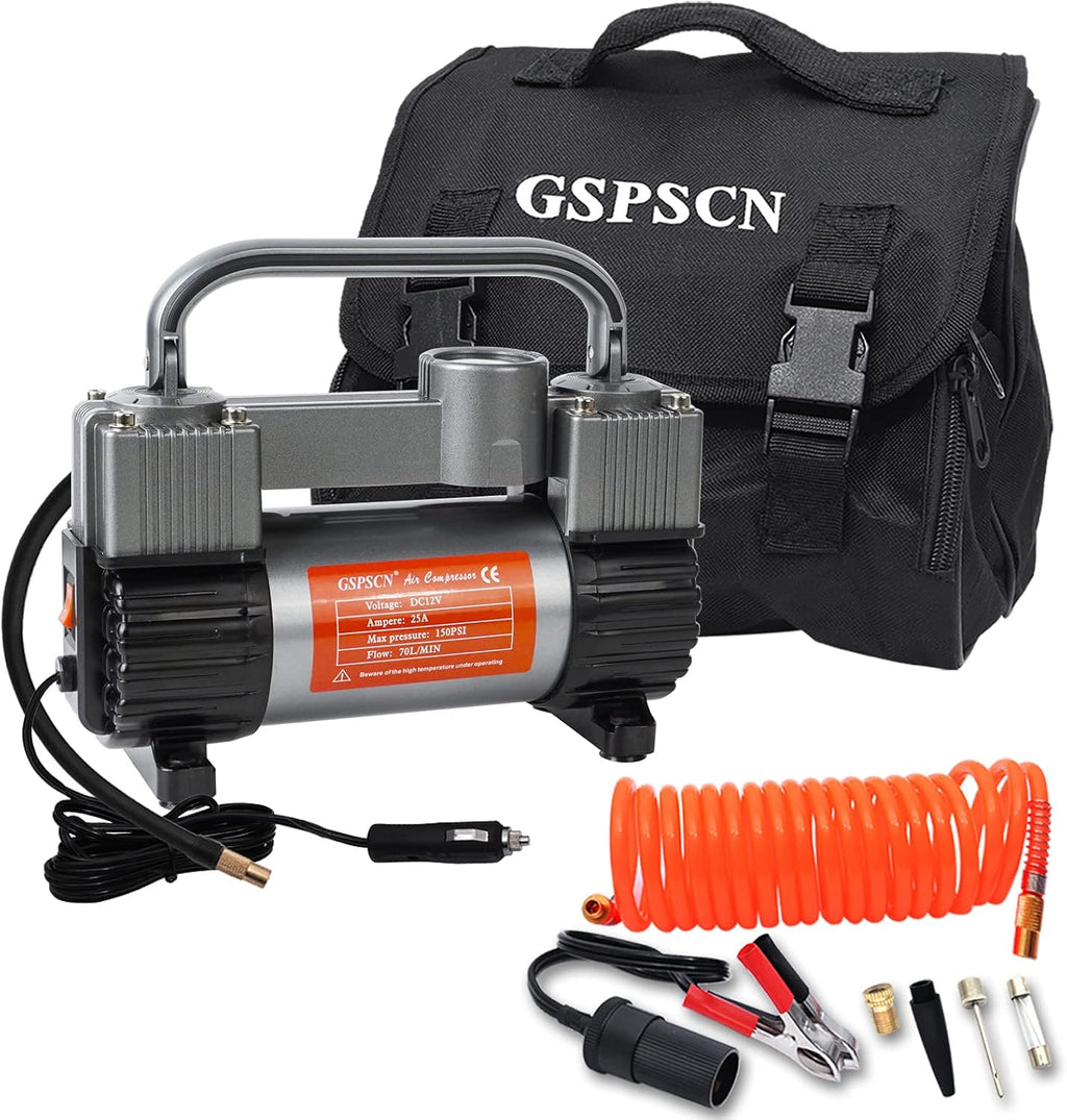 Silver Tire Inflator Heavy Duty Double Cylinders Portable Bag Metal 12V Air Compressor Pump 150PSI with Adapter T75463