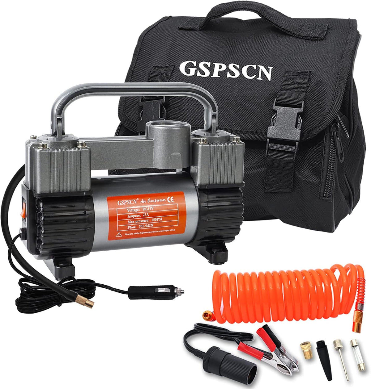 Silver Tire Inflator Heavy Duty Double Cylinders Portable Bag Metal 12V Air Compressor Pump 150PSI with Adapter T75463