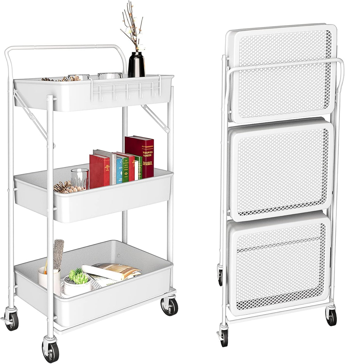 3 Tier Foldable Metal Rolling Cart with Wheels Y84500