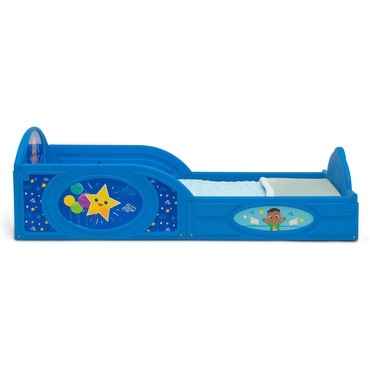Blue Toddler Bed with Built-In Guardrails J81634