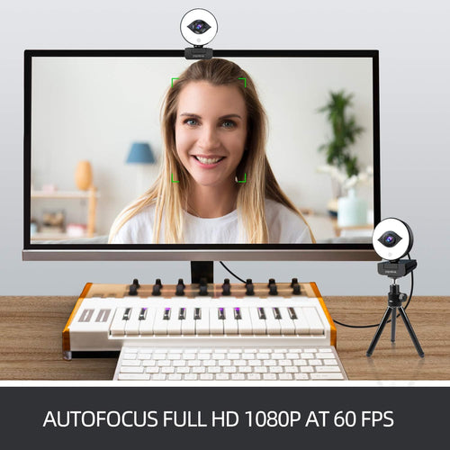 1080P Webcam with Ring Light, Auto-Focus with Tripod, Full HD Web Camera with Dual Microphones D121087