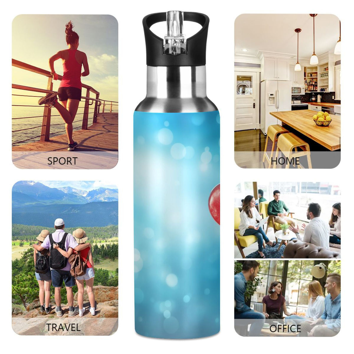 Blue Insulated Stainless Steel Water Bottle with Straw Lid 20 oz Y131
