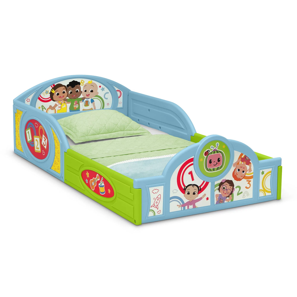 Blue Toddler Bed with Built-In Guardrails J81634