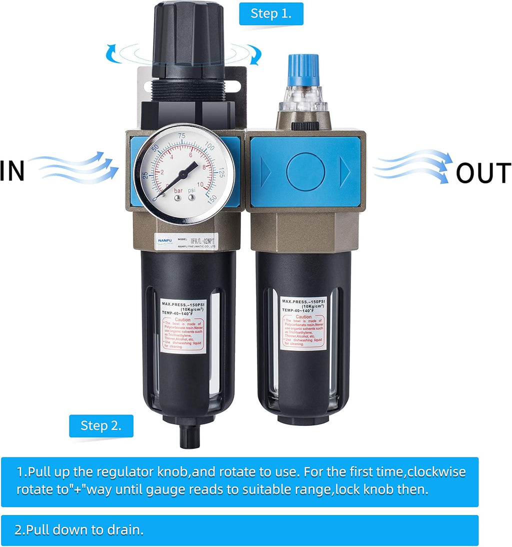 1/4 NPT Compressed Air Filter Regulator Lubricator, 5 Micron, 0-150 psi K5612