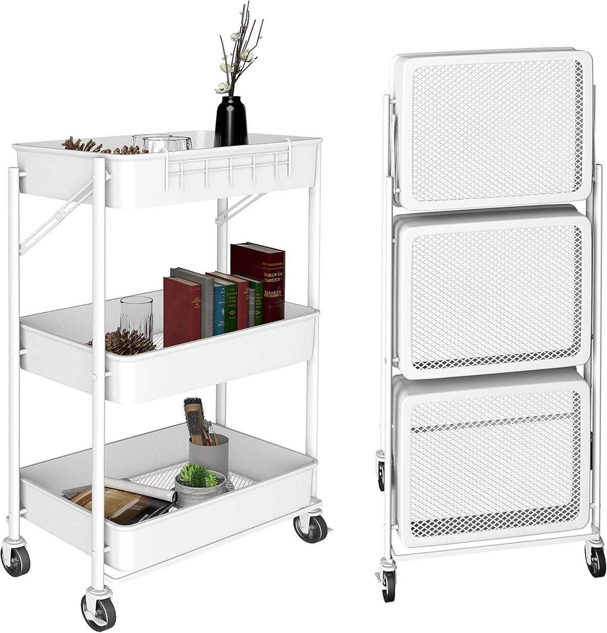 3 Tier Foldable Metal Rolling Cart with Wheels Y84500