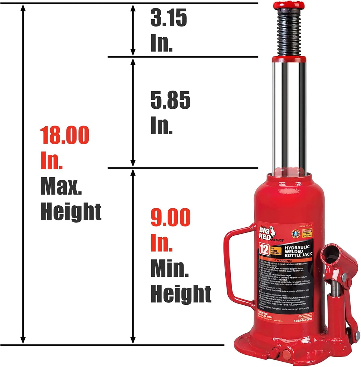 Hydraulic Welded Bottle Jack, 12 Ton Capacity, Red, Pack of 2 T1404