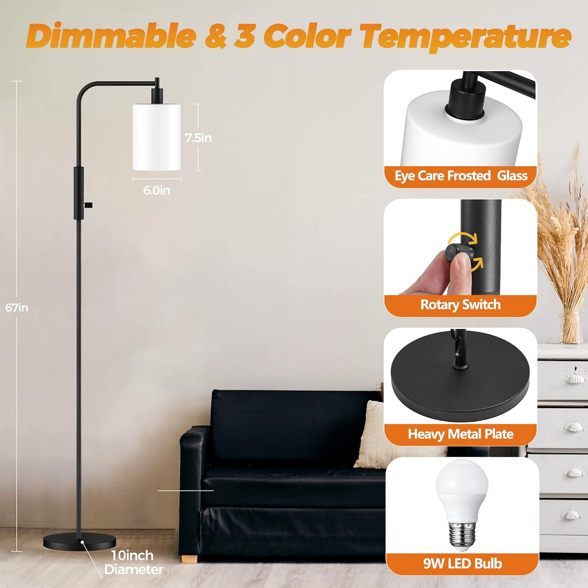 Black Dimmable Glass Shade Floor Lamp M733009