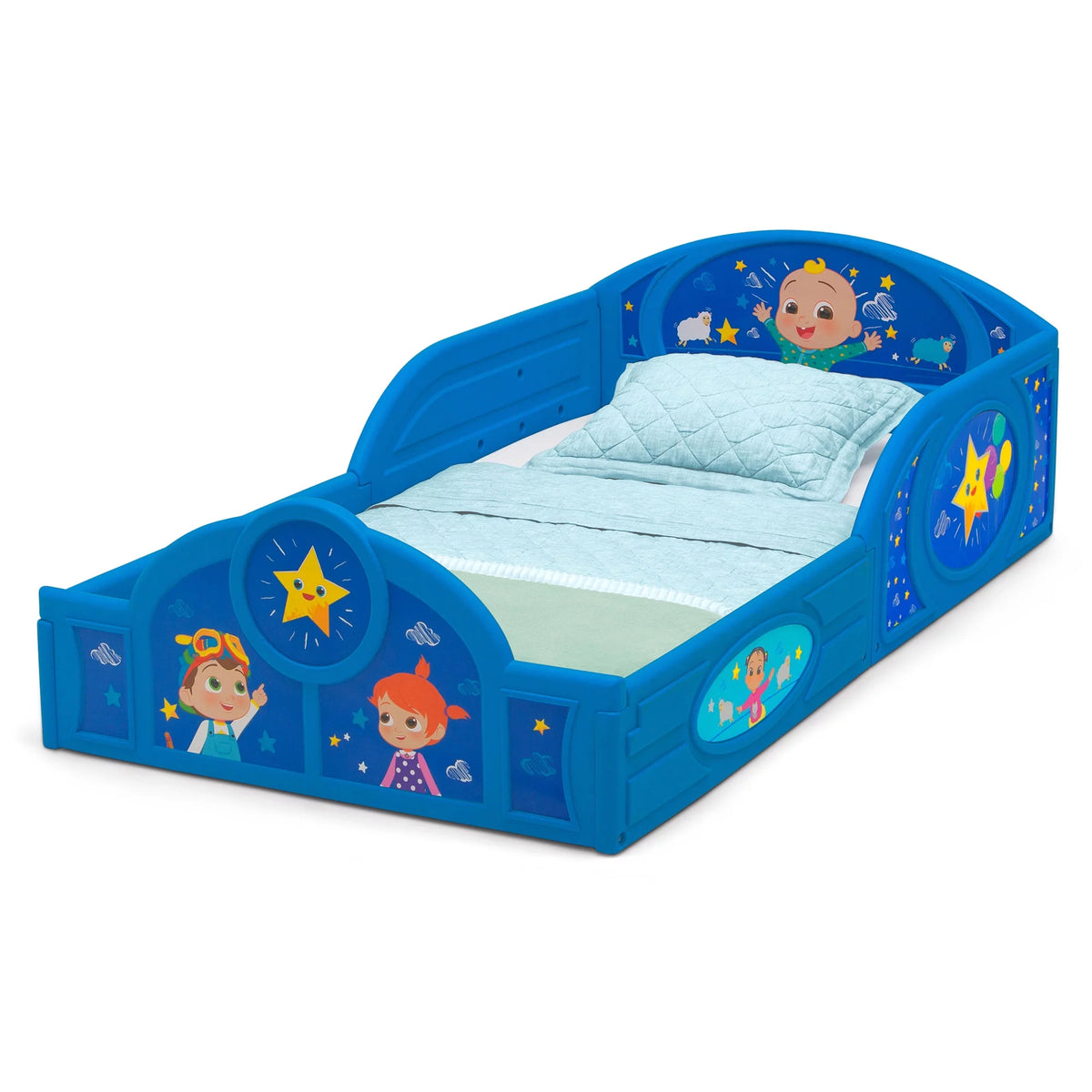 Blue Toddler Bed with Built-In Guardrails J81634