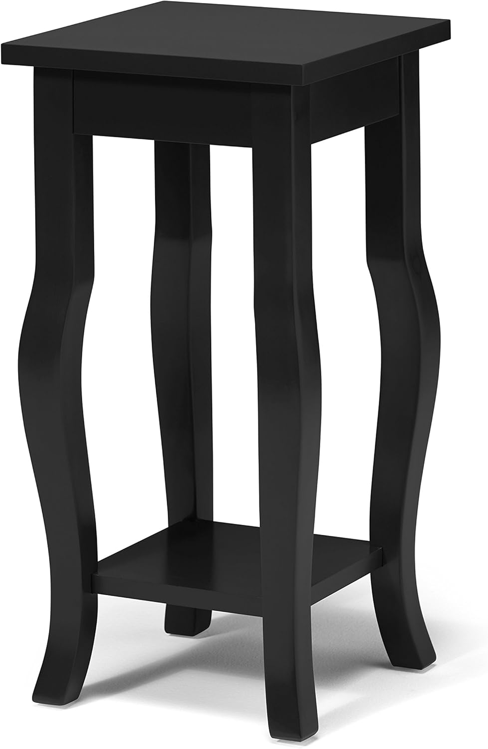 Black Wood Pedestal End Table with Curved Legs and Lower Shelf J634