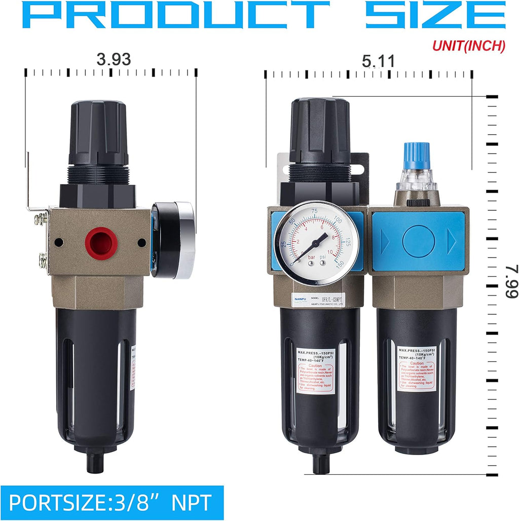1/4 NPT Compressed Air Filter Regulator Lubricator, 5 Micron, 0-150 psi K5612