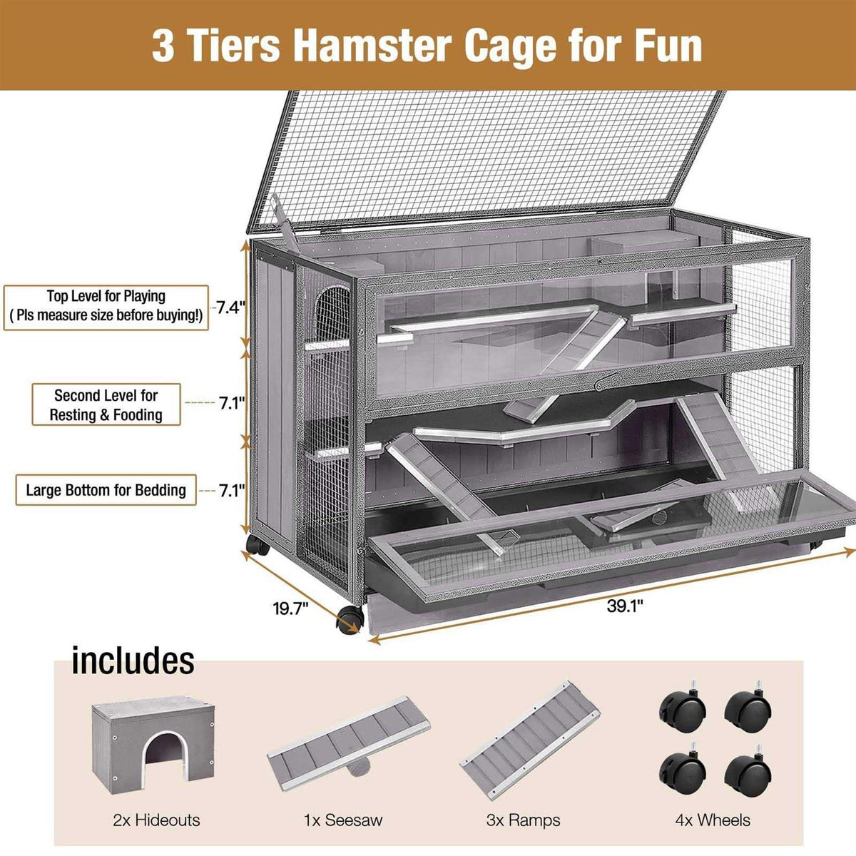 3 Levels Small Animal Cage with Chewing Toy, Food Bowl, Seesaw, Hideout and Plastic Tray F48365