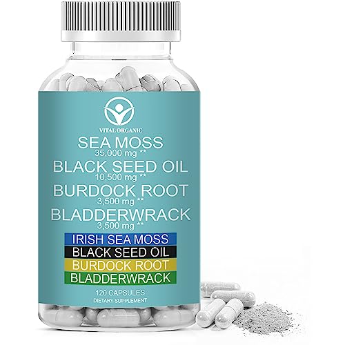 Sea Moss Capsules - Irish Sea Moss & Black Seed Oil & Burdock Root & Bladderwrack - 120 Vegan Capsules X2834