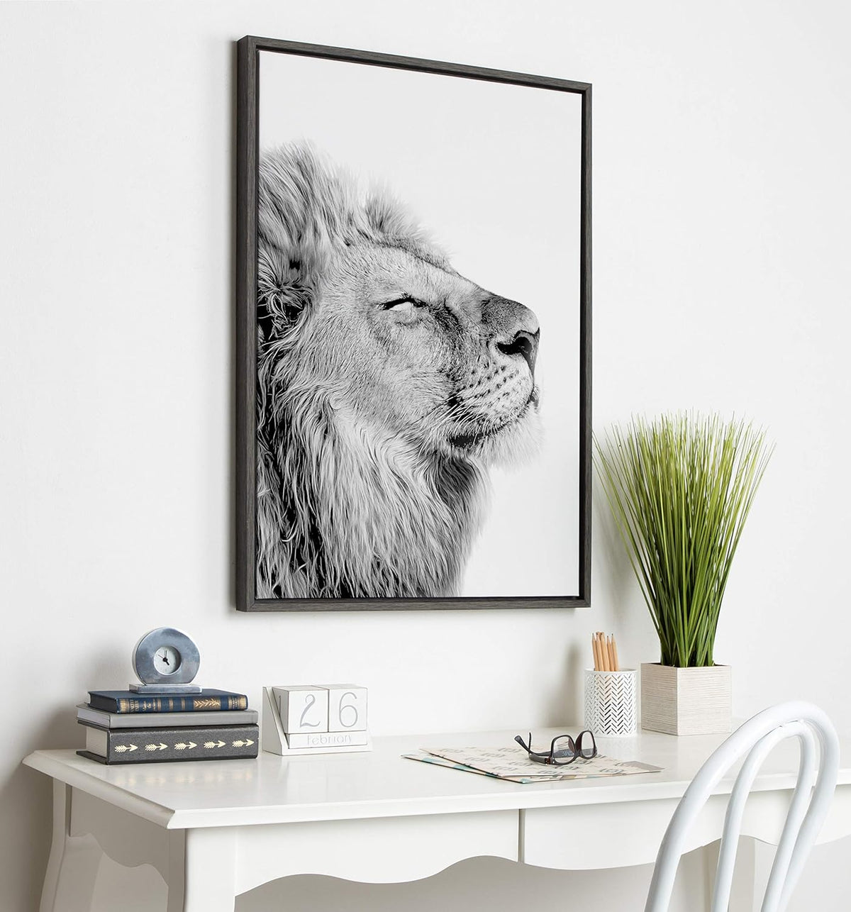 Black and White Lion Print Framed Canvas Wall Art K6741