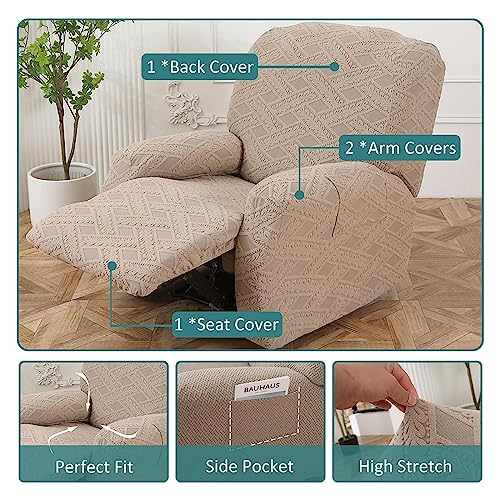 4 Pieces Recliner Slipcover, Jacquard Thickening Recliner Chair Cover with Side Pocket Elastic Furniture Protector (Coffee) Y934
