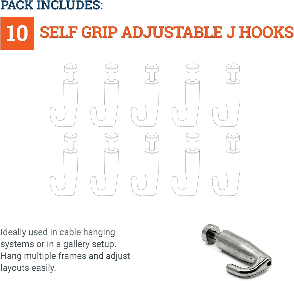 Adjustable Hooks for Gallery Picture Hanging System fits 2.0mm Steel Cables - 10 Pack Y968188