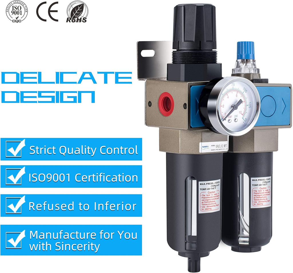 1/4 NPT Compressed Air Filter Regulator Lubricator, 5 Micron, 0-150 psi K5612