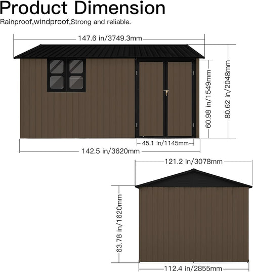 12x10 FT Metal Garden Shed Brown H85021