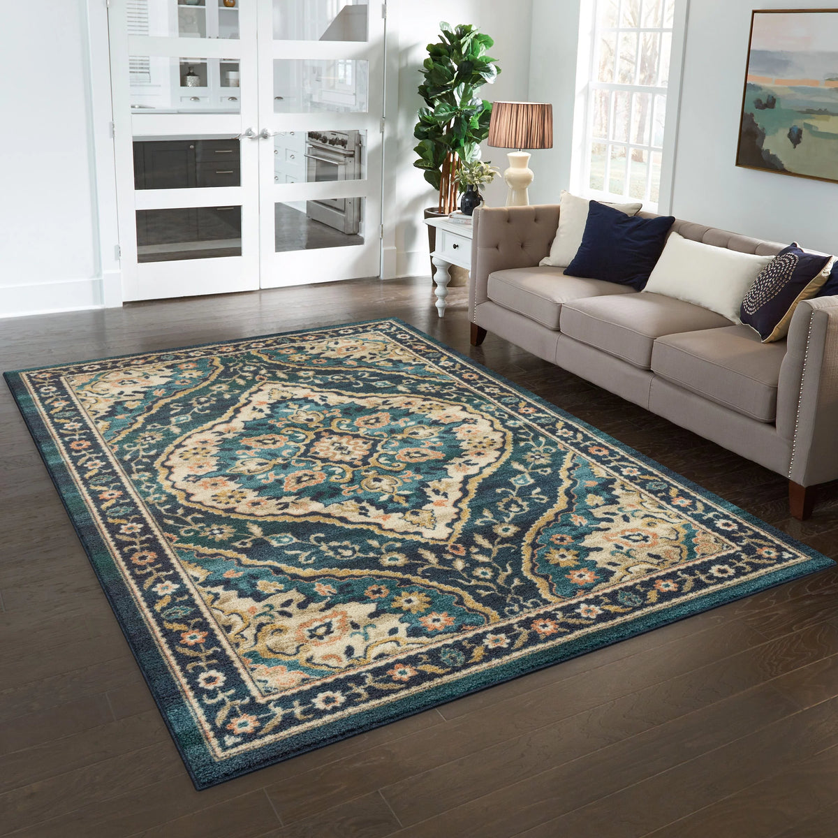 Teal Blue Print Indoor Area Rug, 7' x 10' N775