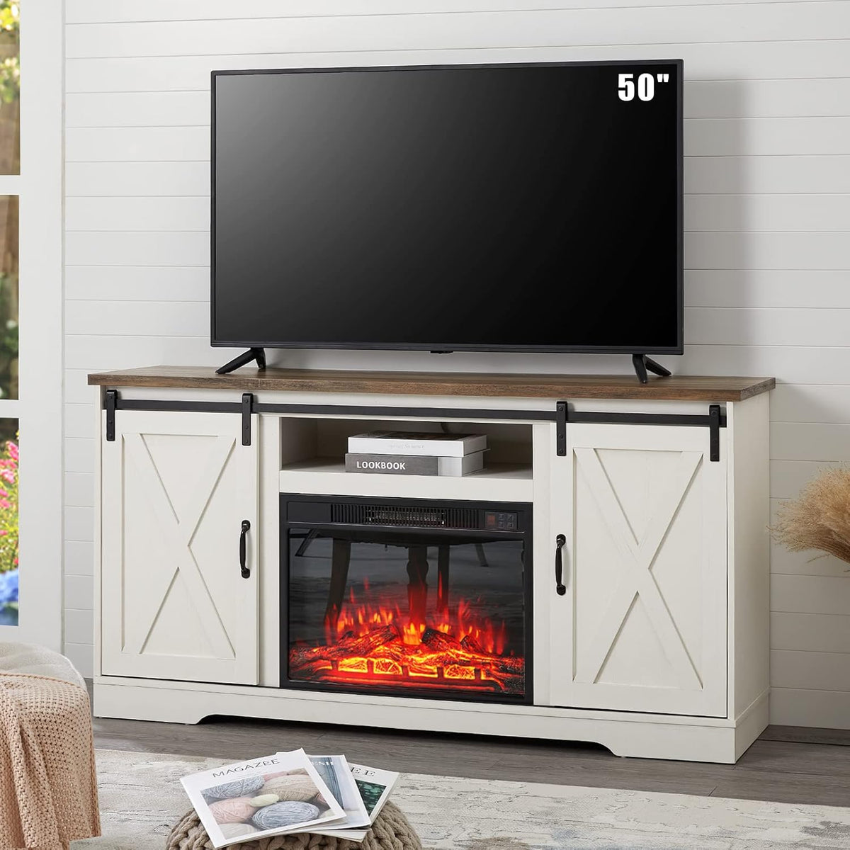 White Wood Fireplace TV Stand with 23'' Electric Fireplace Insert I237055