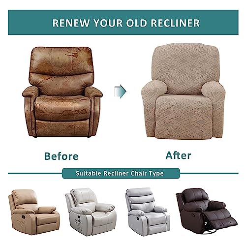 4 Pieces Recliner Slipcover, Jacquard Thickening Recliner Chair Cover with Side Pocket Elastic Furniture Protector (Coffee) Y934