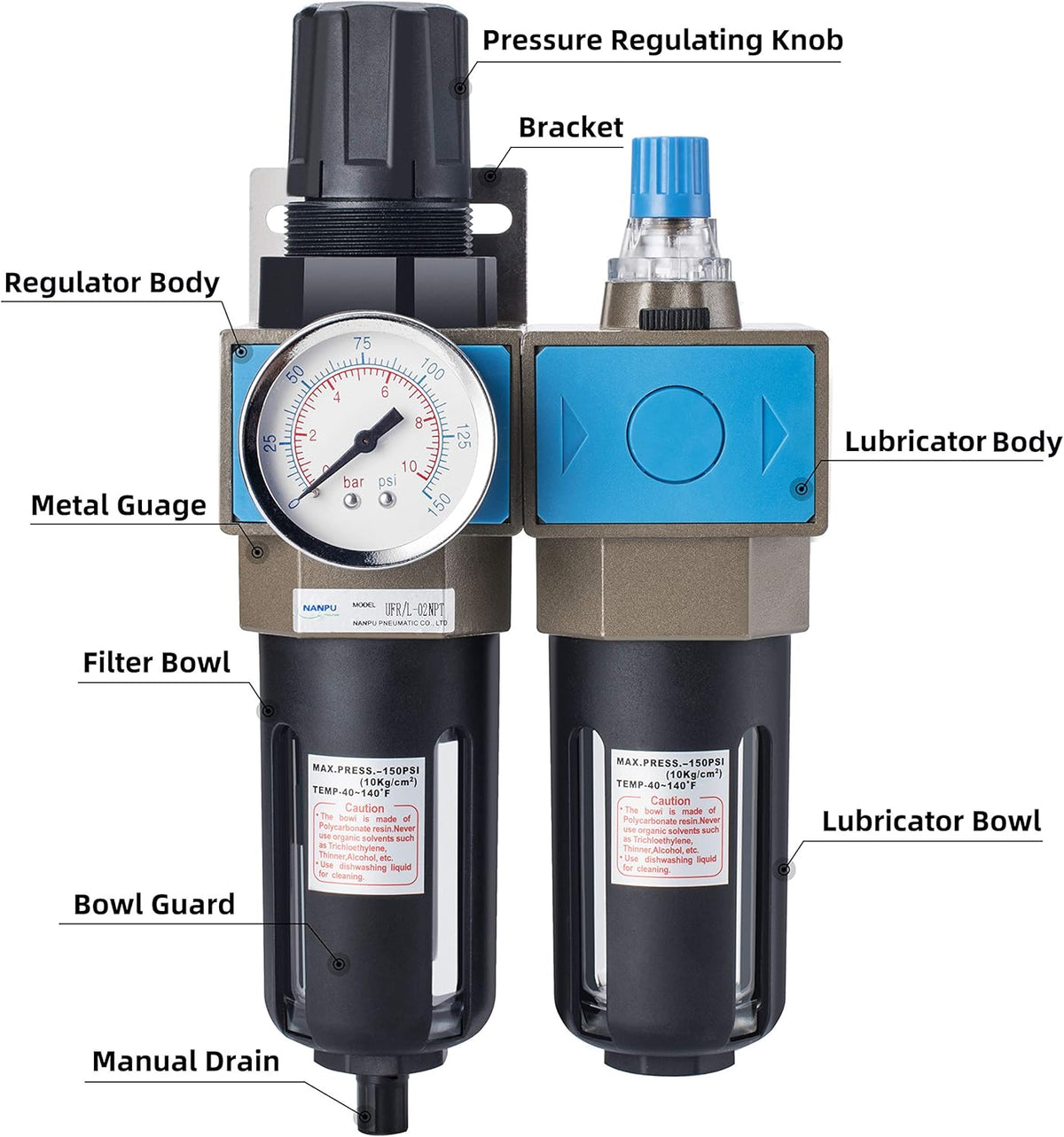 1/4 NPT Compressed Air Filter Regulator Lubricator, 5 Micron, 0-150 psi K5612