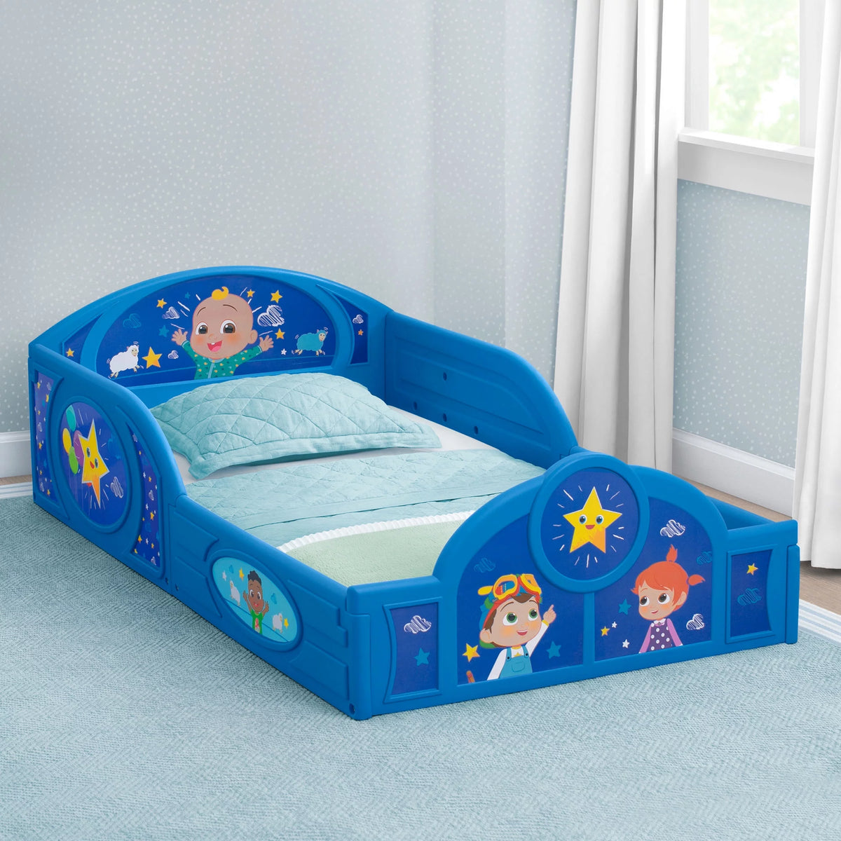 Blue Toddler Bed with Built-In Guardrails J81634