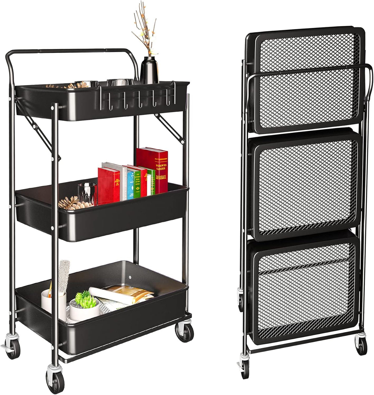 3 Tier Foldable Metal Rolling Cart with Wheels Y84500