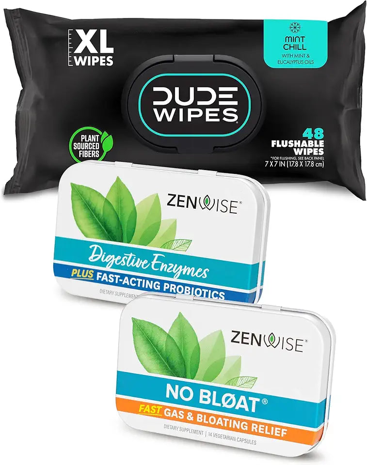 48 Flushable Wipes + 15 Digestive Enzymes + 14 No Bloat Caps B340