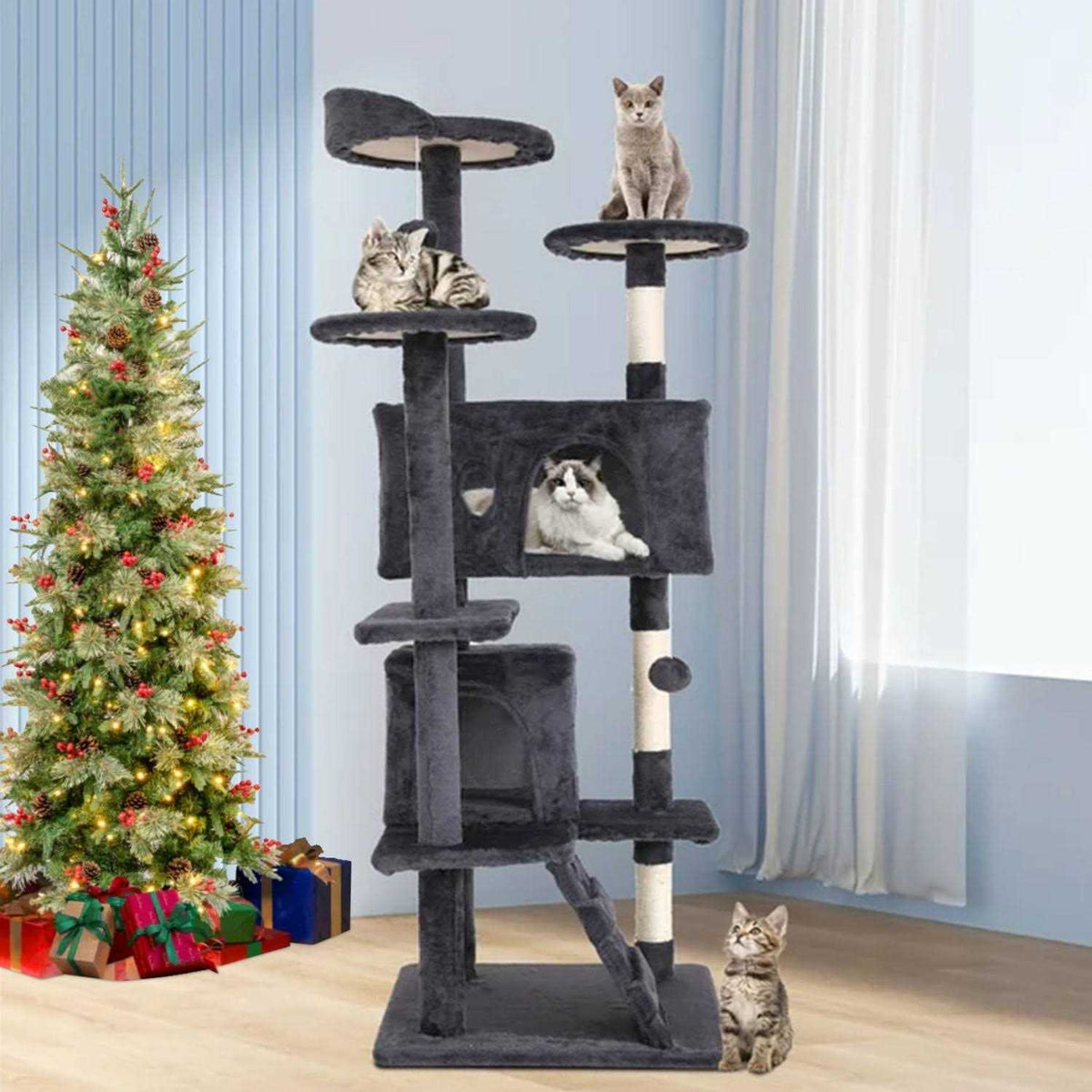 54-in Double Condo Cat Tree Tower Playhouse with Scratching Post & Perch W203