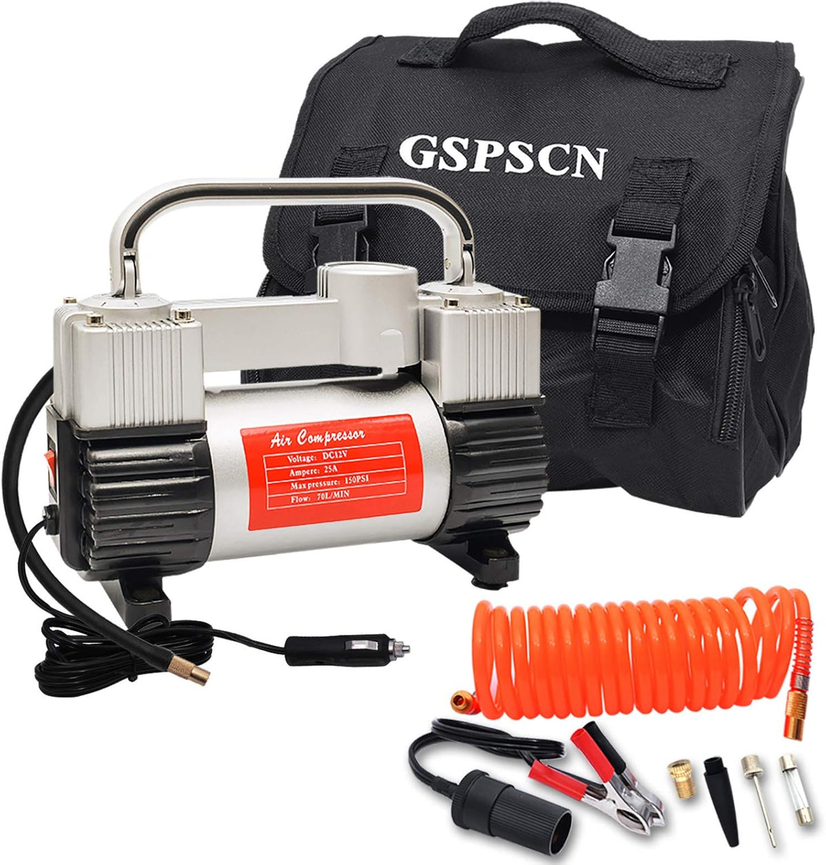 Silver Tire Inflator Heavy Duty Double Cylinders Portable Bag Metal 12V Air Compressor Pump 150PSI with Adapter T75463