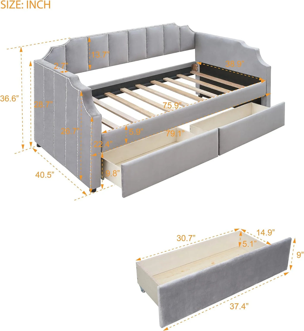 Gray Upholstered Daybed with Drawers N5995