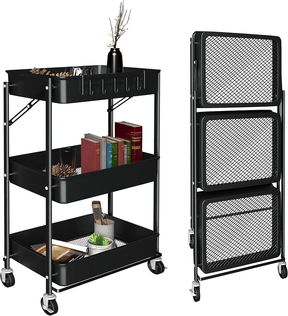 3 Tier Foldable Metal Rolling Cart with Wheels Y84500
