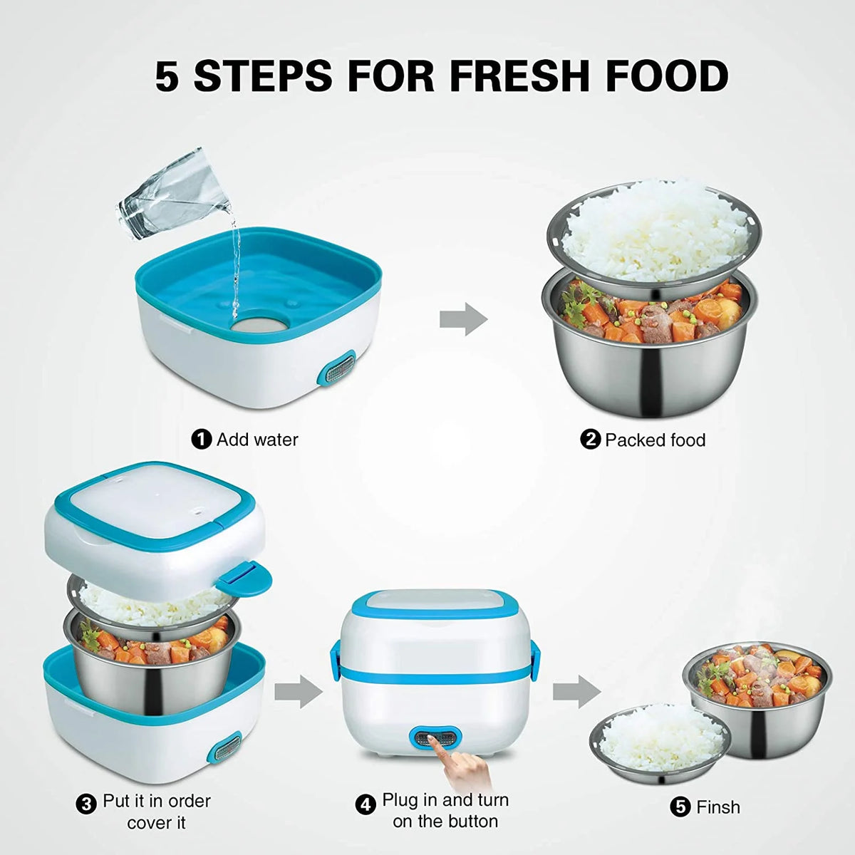 Electric Lunch Box Food Heater Cooker Steamer with Stainless Steel Bowls G1880