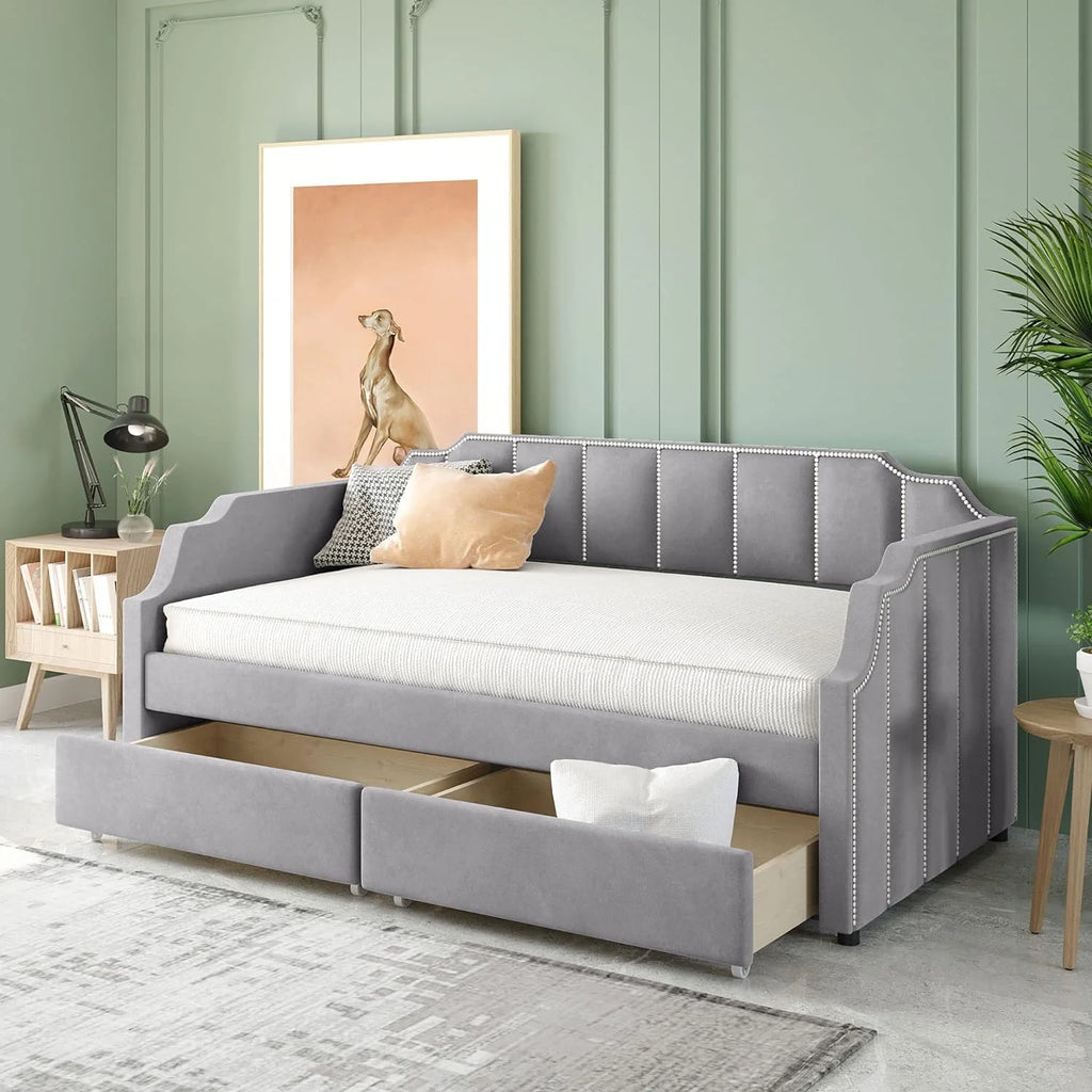 Gray Upholstered Daybed with Drawers N5995