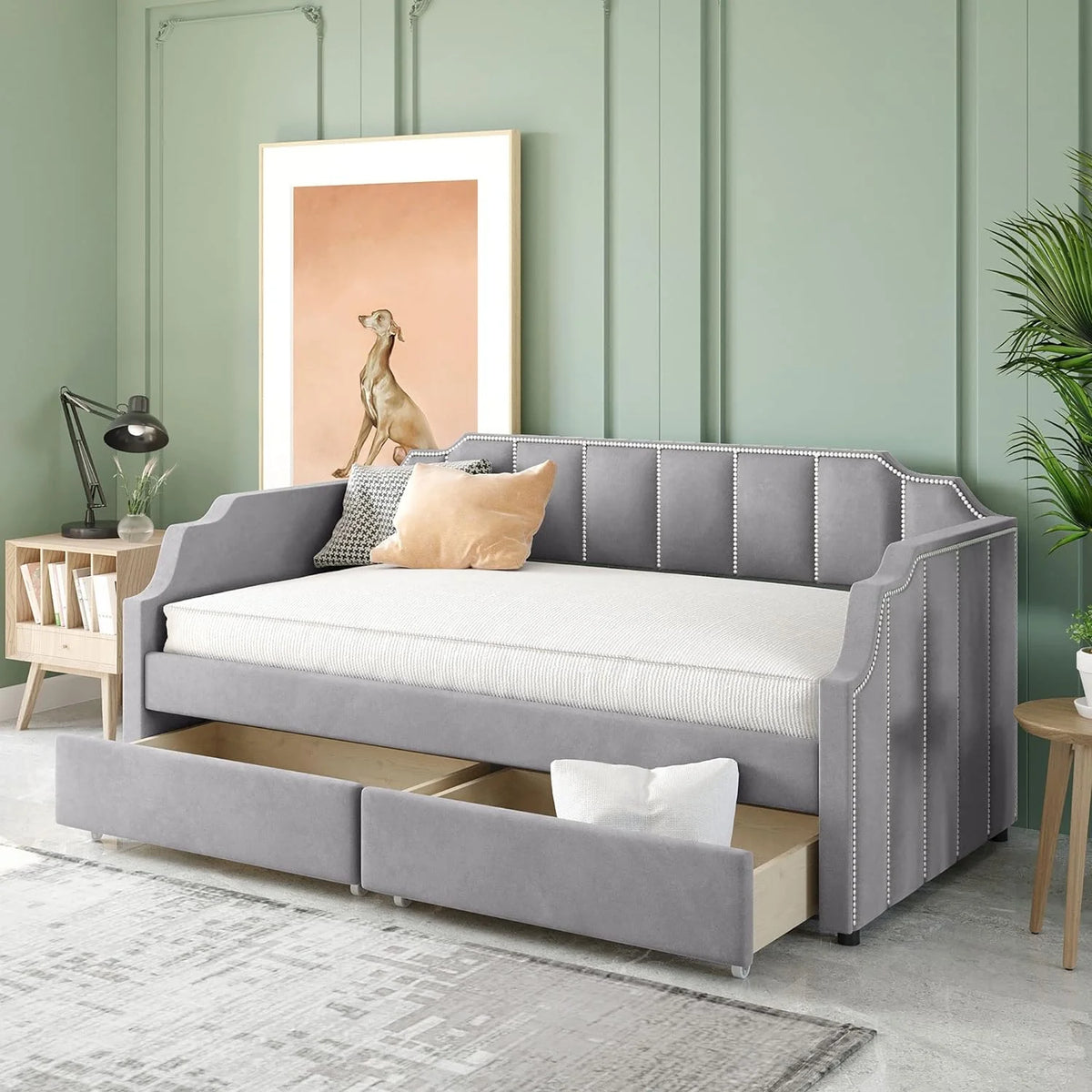 Gray Upholstered Daybed with Drawers N5995