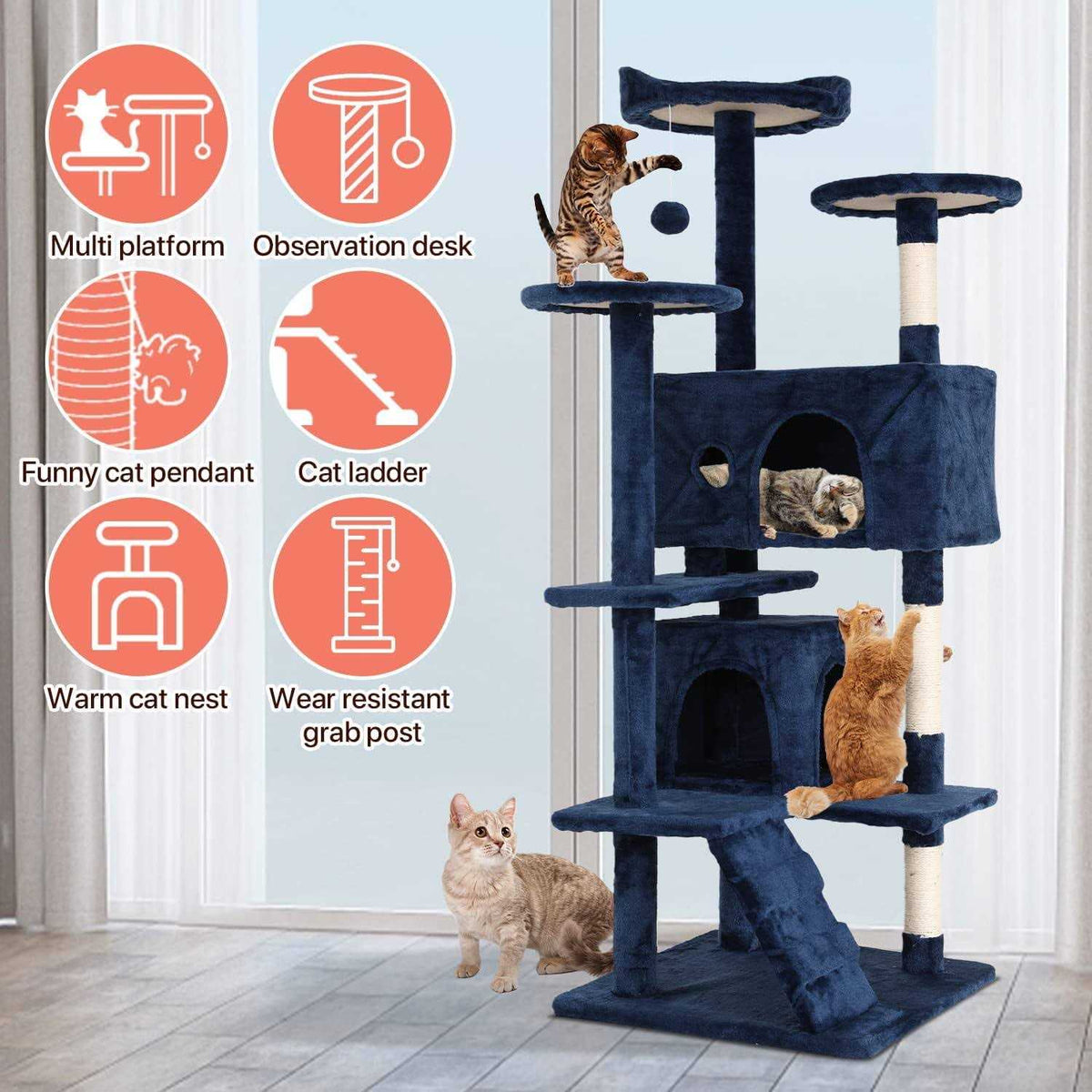 54-in Double Condo Cat Tree Tower Playhouse with Scratching Post & Perch W203