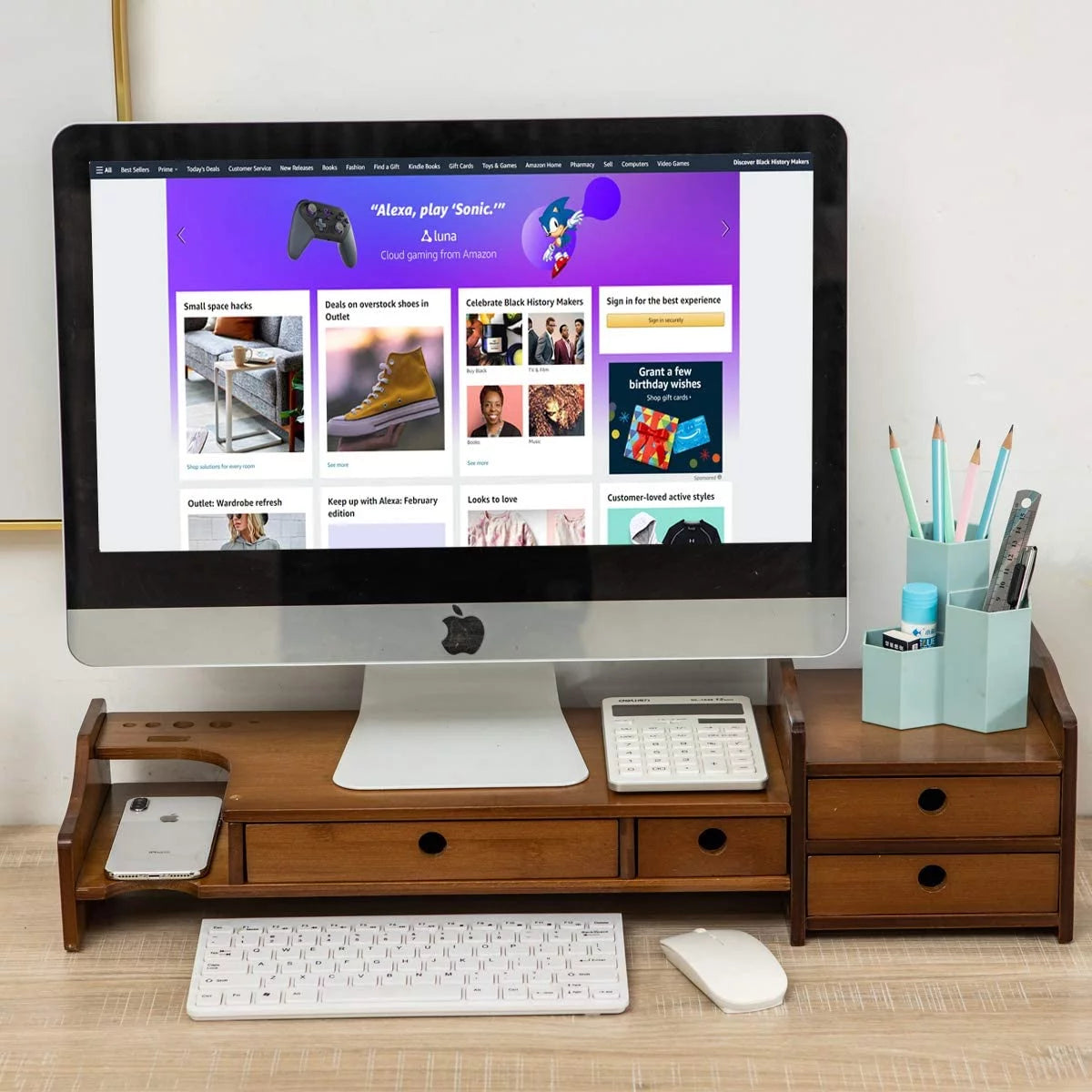 2 Tier Bamboo Monitor Stand Riser with 4 Drawers M914895