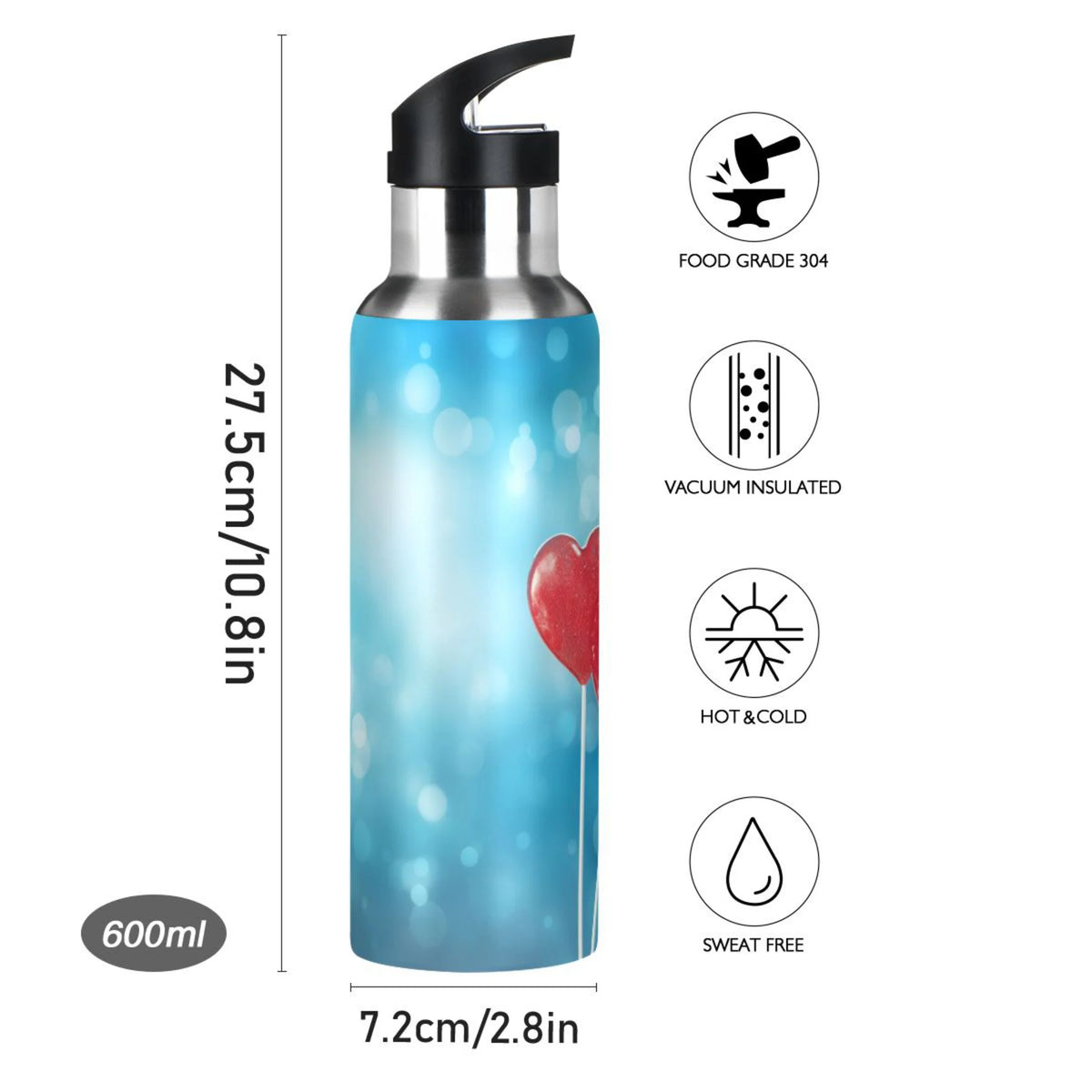 Blue Insulated Stainless Steel Water Bottle with Straw Lid 20 oz Y131